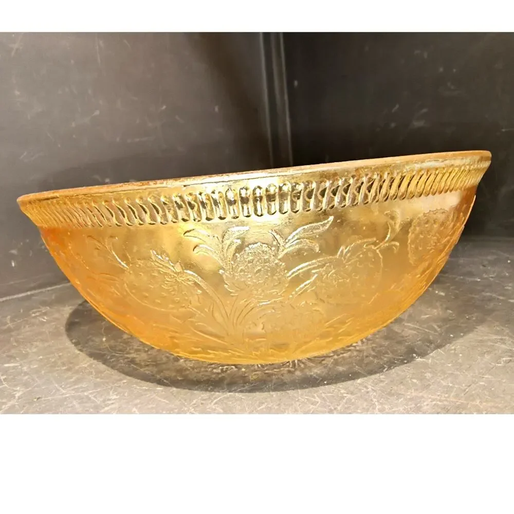 2024.  Strawberry and Leaf Bowl Iridized Marigold Carnival Glass Vintage